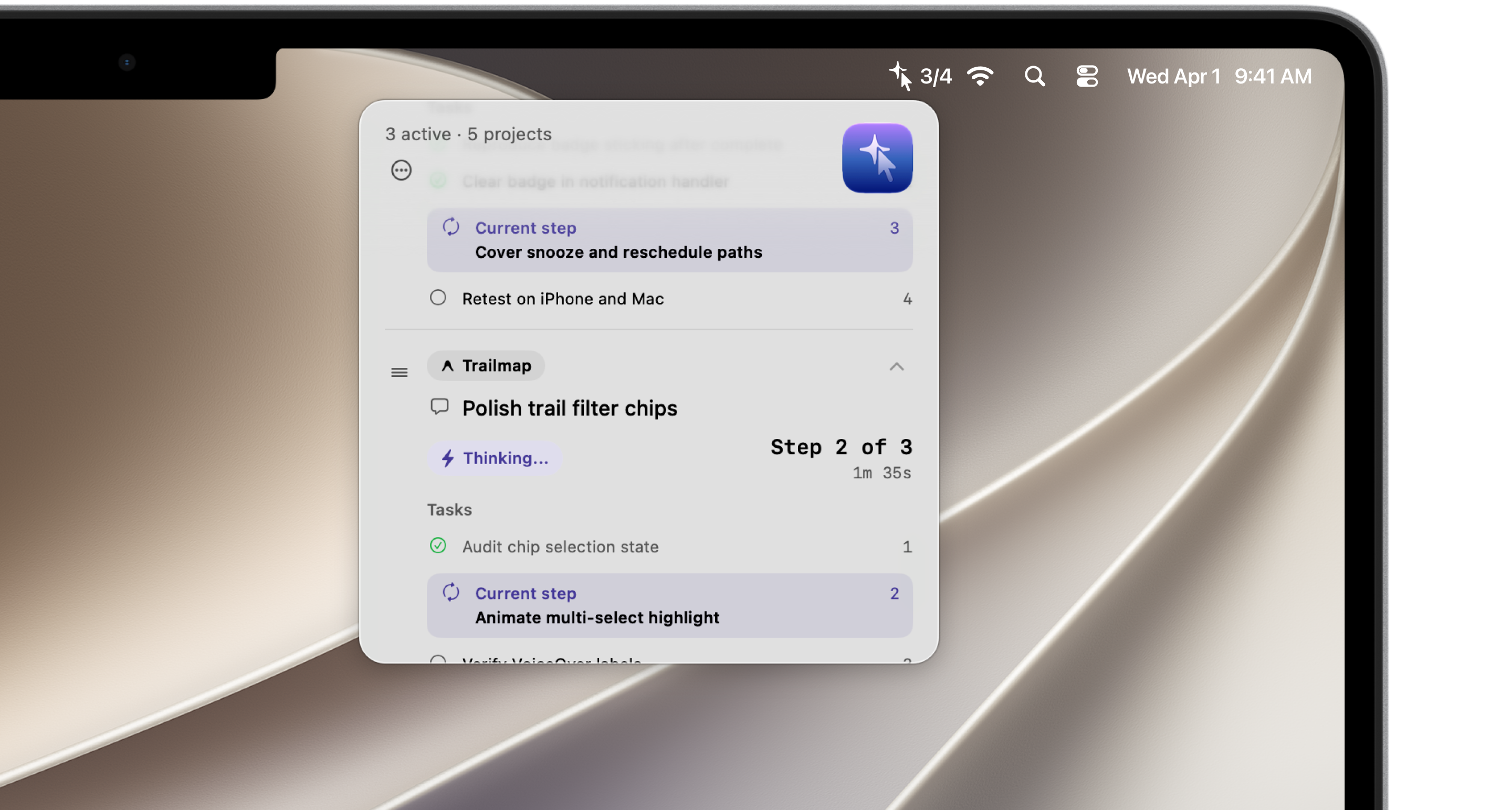 Active Agent Menu Bar panel showing live agent status across projects