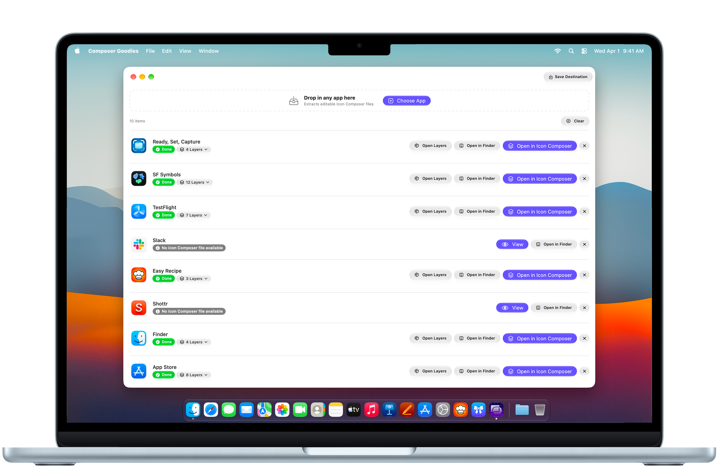 Composer Goodies showing extracted app icons and their available layers on a MacBook