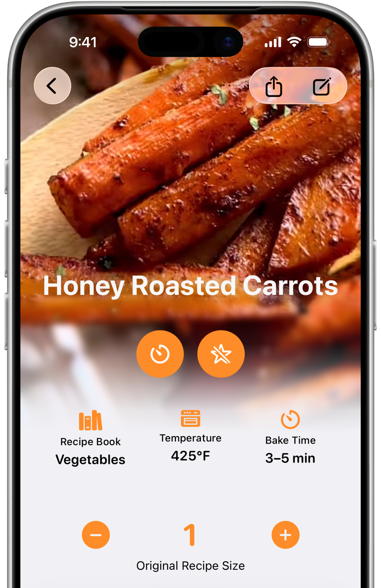 Easy Recipe recipe detail screen showing Honey Roasted Carrots