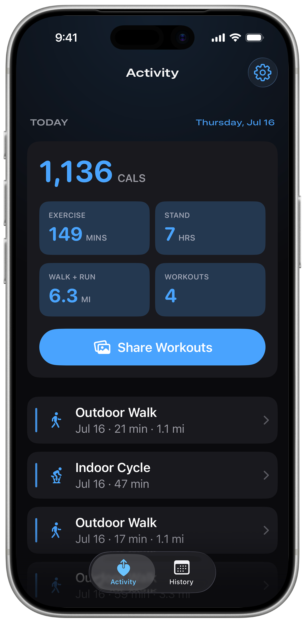 Fitness Share Activity screen with daily stats and Share Workouts