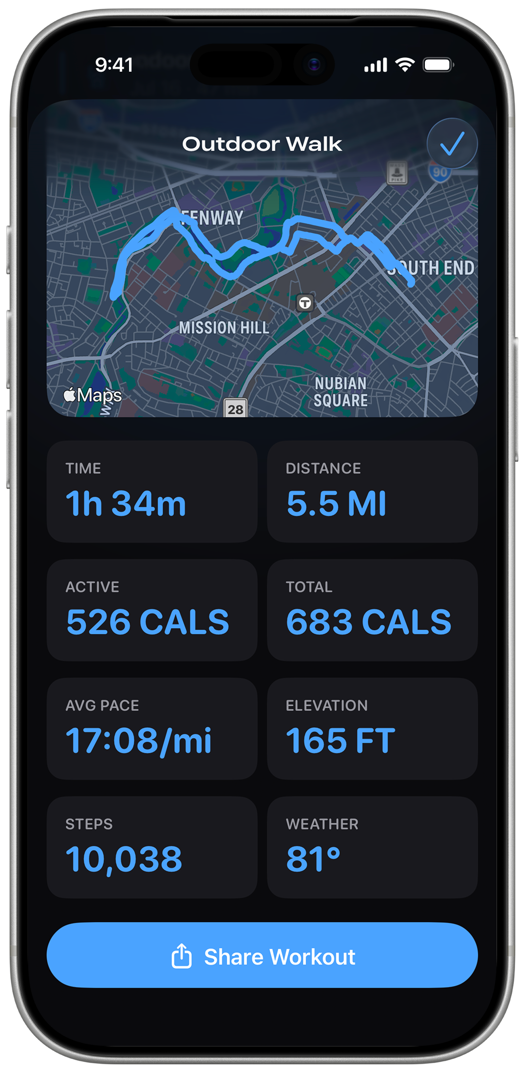 Fitness Share Outdoor Walk summary with map, stats, and Share Workout