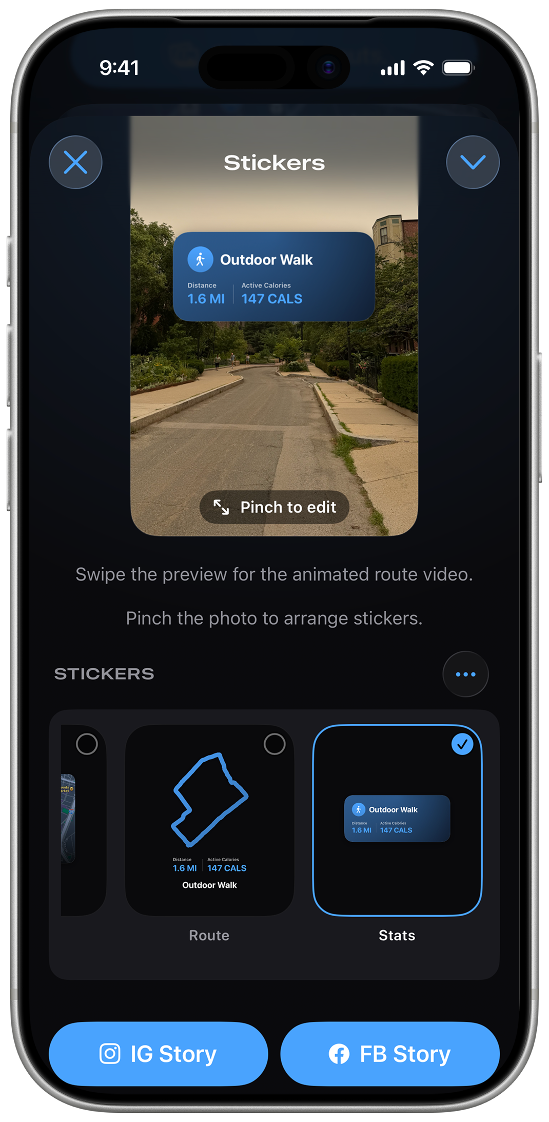 Fitness Share Stickers screen for arranging workout stickers on a photo