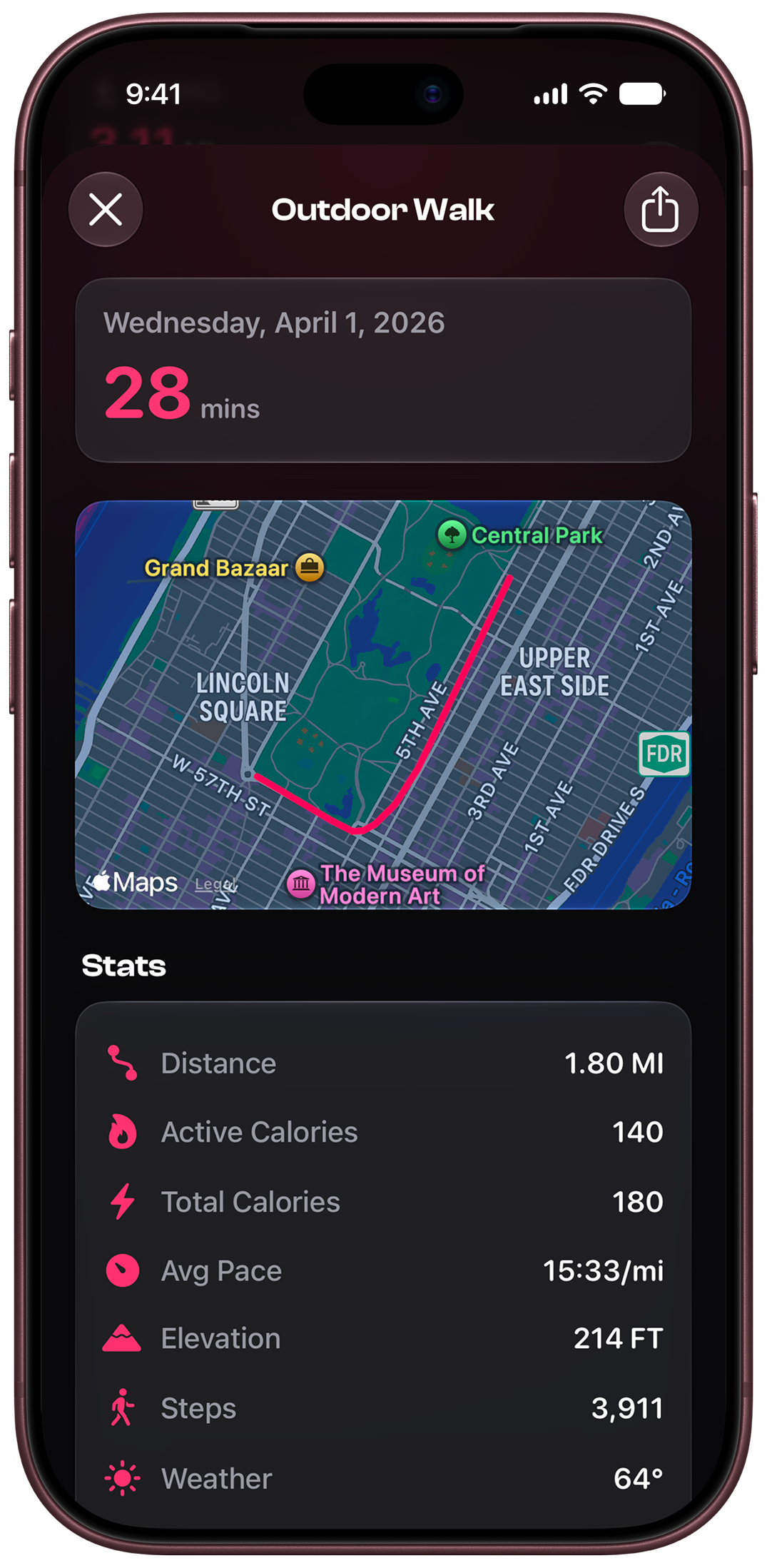 A detailed activity view in Health Insight