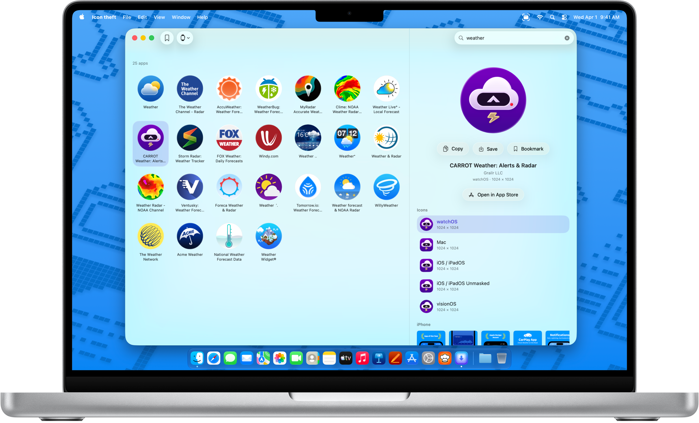 Icon Goodies on Mac, searching weather apps
