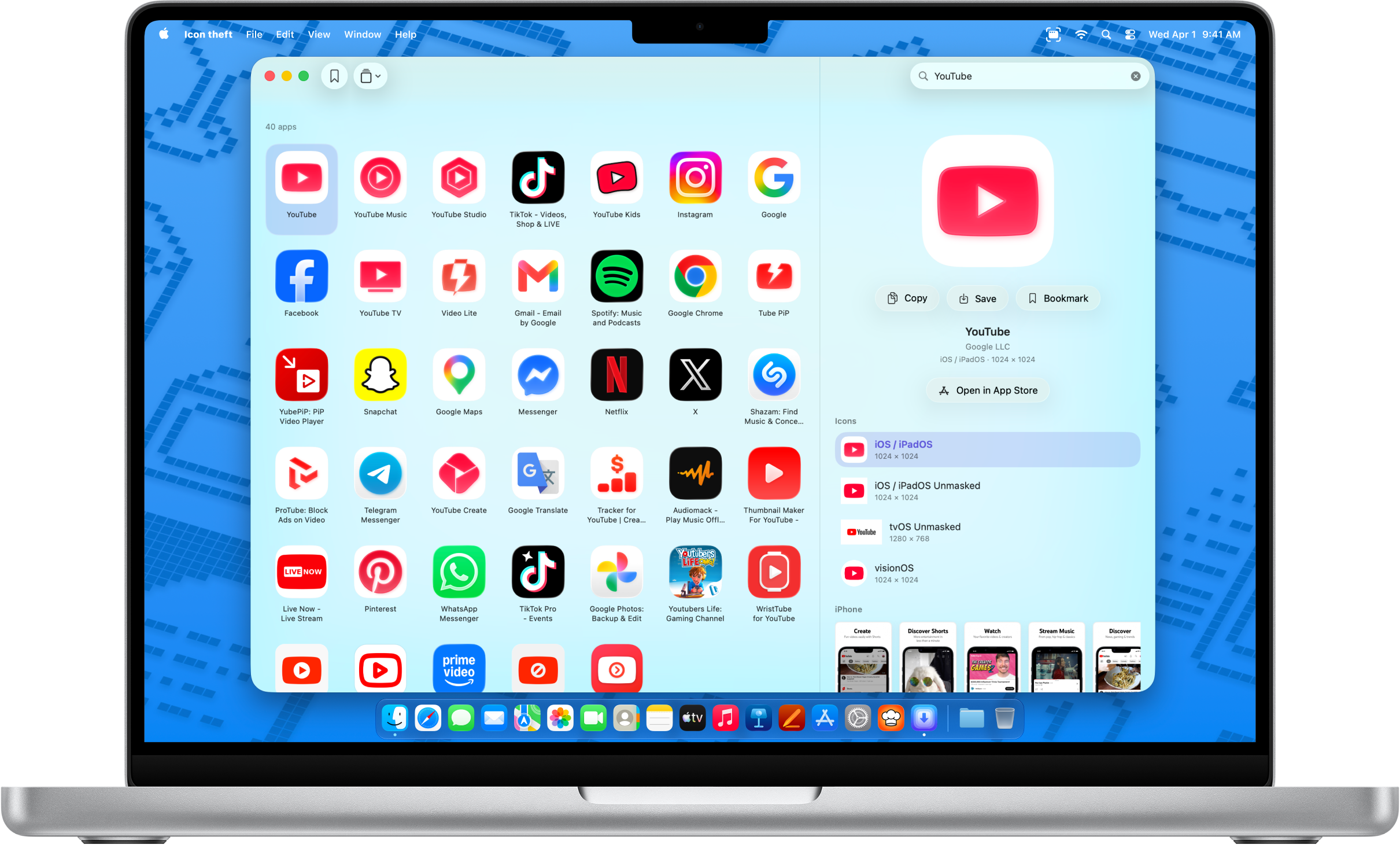 Icon Goodies on Mac, browsing YouTube's iOS icon