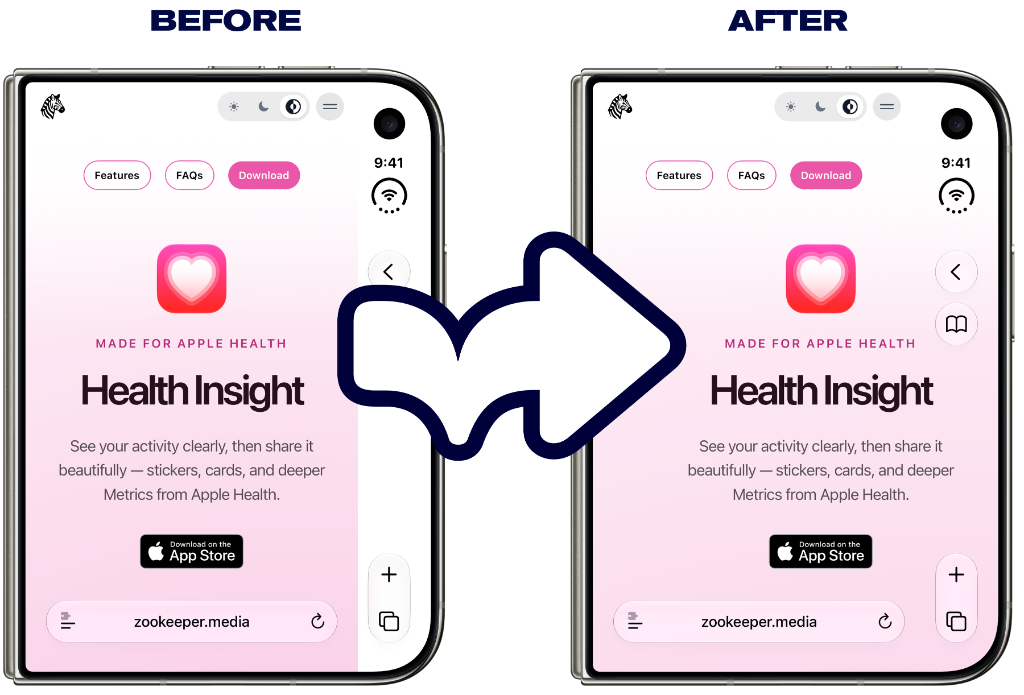 Wide Web before and after on iPhone Duo outer display